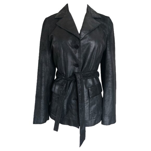 Burberry Leather Belted Jacket Black Leather BURBERRY London Coat Size S - 38 - Picture 1 of 16